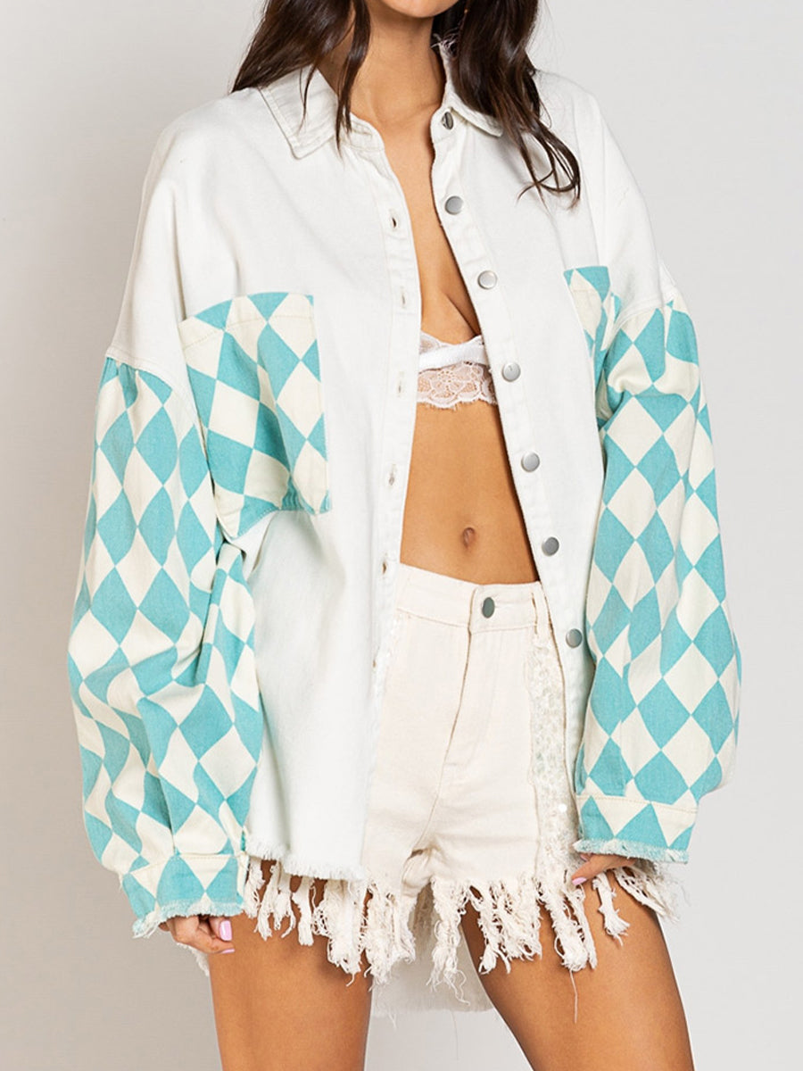 Honeybee Mumford's Geometric Raw Hem Denim Jacket