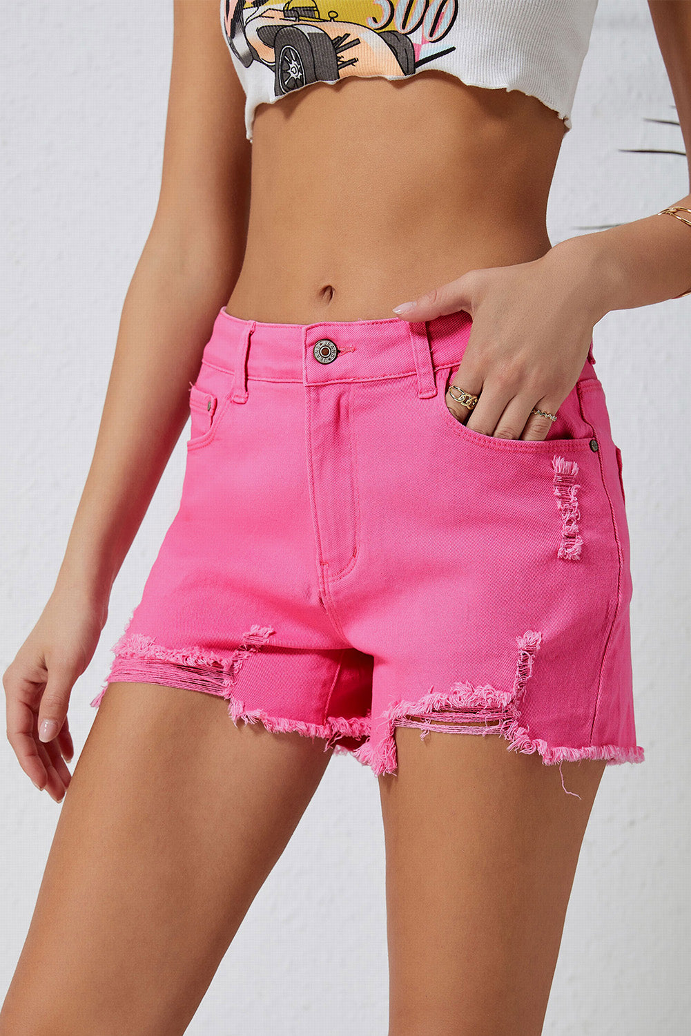 Honeybee Mumford's Rose Distressed Slim Fit High Waist Denim Shorts