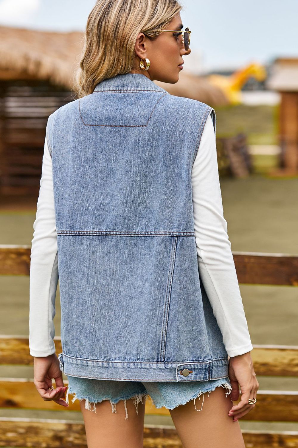 Honeybee Mumford's Sleeveless Collared Neck Denim Top with Pockets