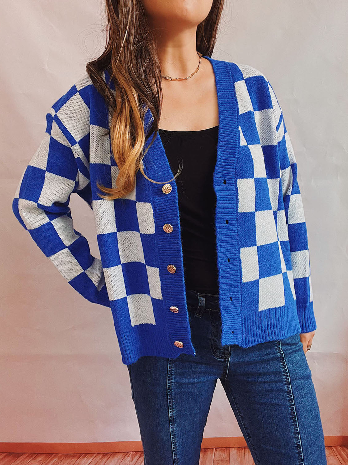 Honeybee Mumford's Checkered Open Front Button Up Cardigan