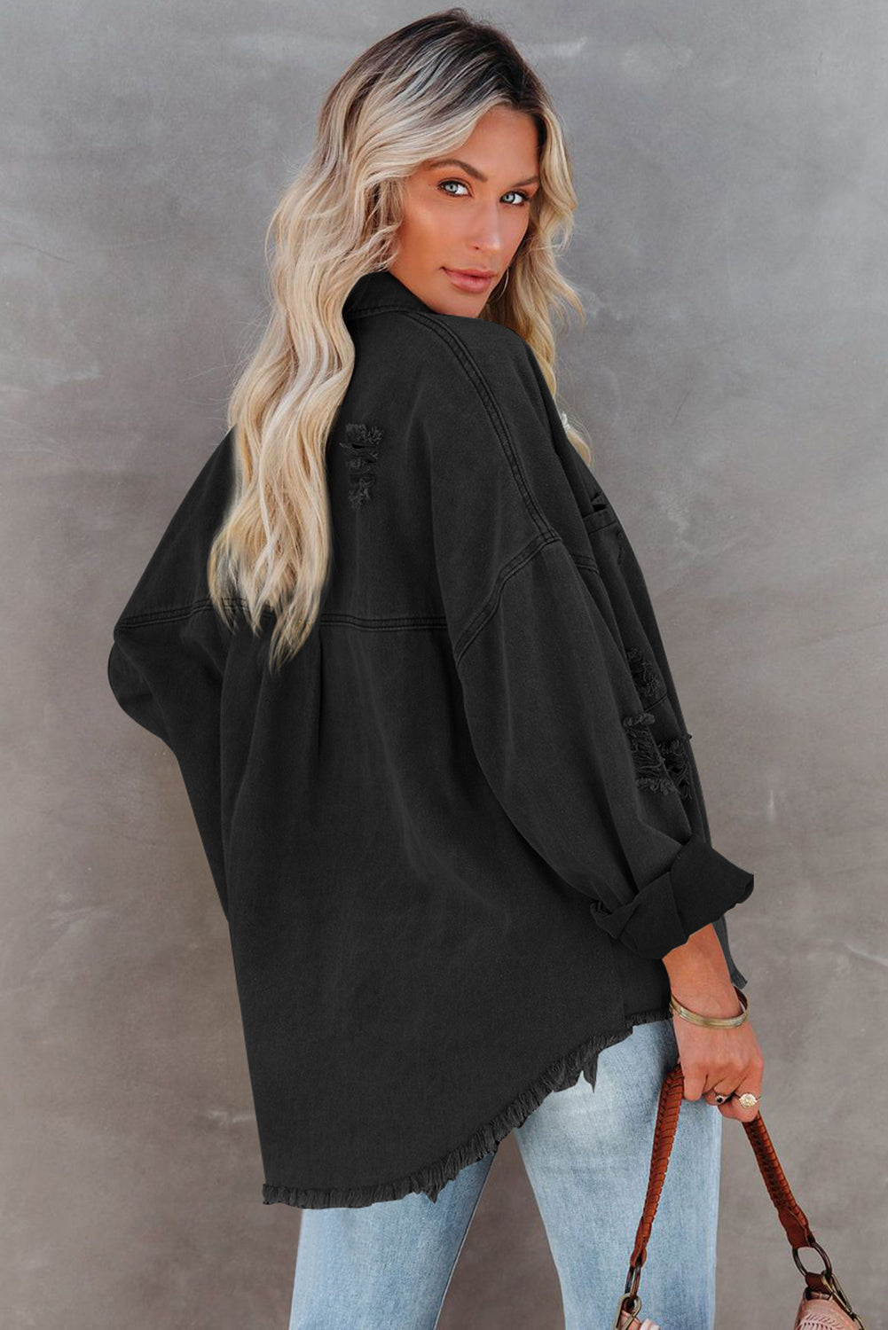 Honeybee Mumford's Black Distressed Fringe Trim Denim Jacket