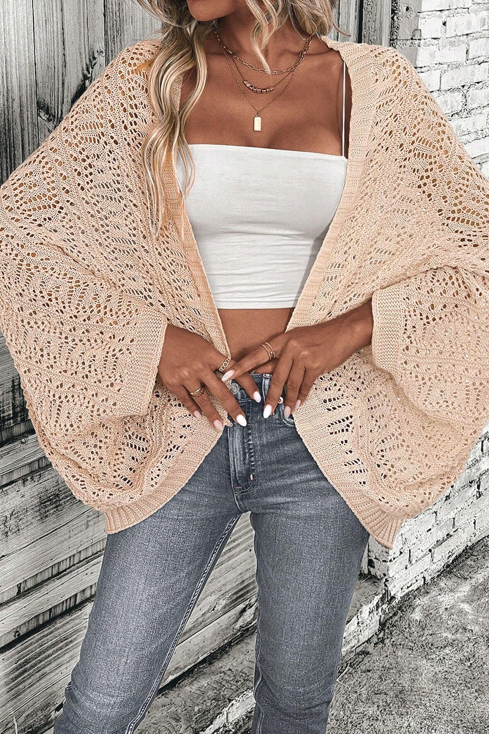 Honeybee Mumford's Openwork Open Front Long Sleeve Cardigan