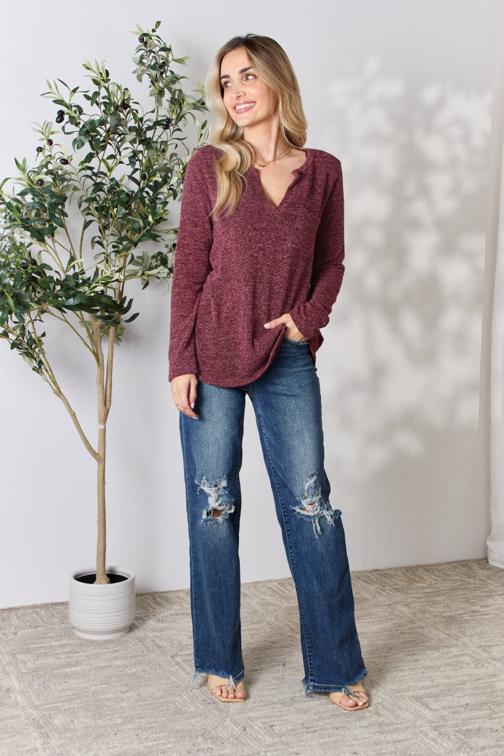 Honeybee Mumford's Heimish Full Size Notched Long Sleeve Top