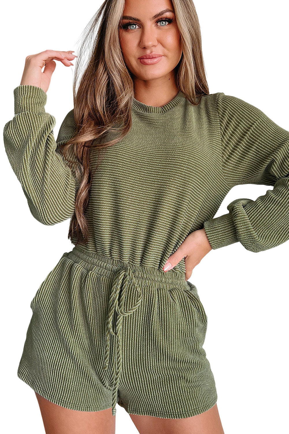 Honeybee Mumford's Jungle Green Corded Pullover Long Sleeve Drawstring Romper