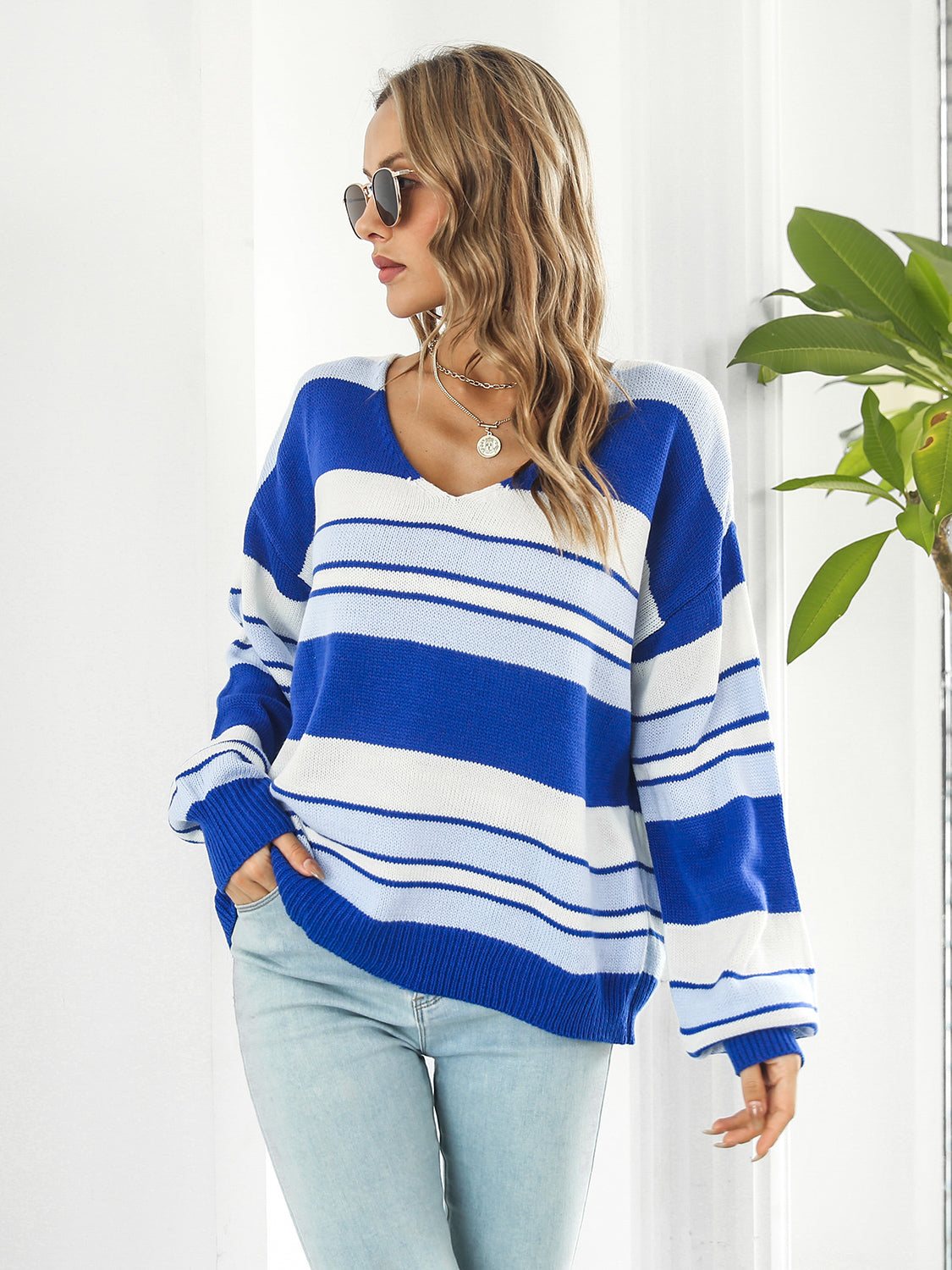 Honeybee Mumford's Striped V-Neck Long Sleeve Knit Top