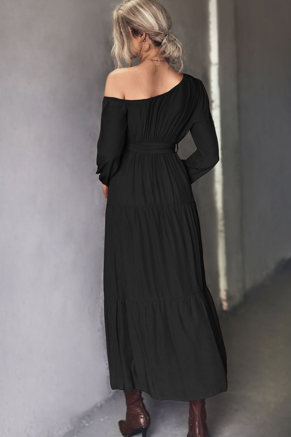 Honeybee Mumford's Black or Green Belted One-Shoulder Tiered Maxi Dress