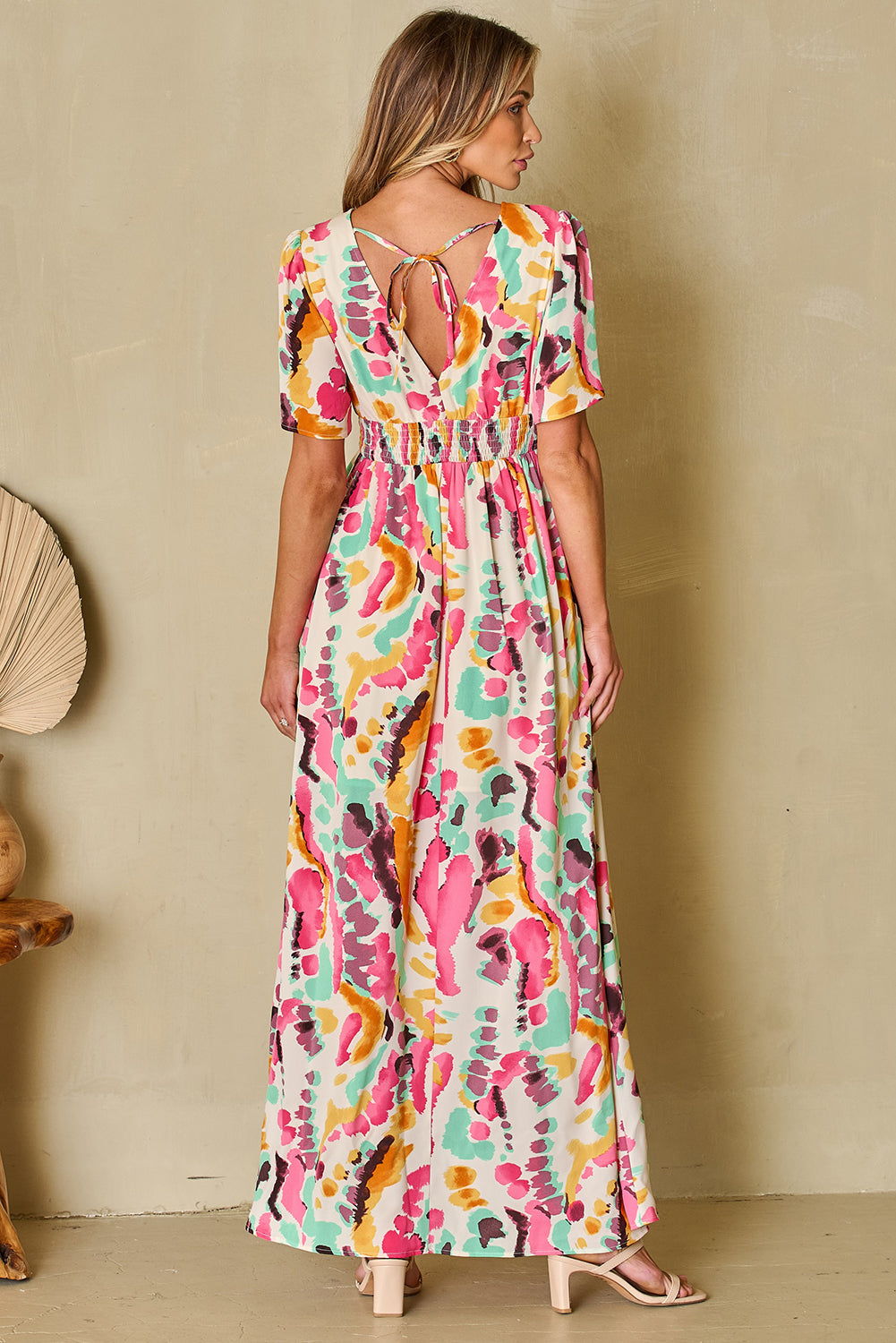 Honeybee Mumford's Pink Boho Tie-dye Print V Neck Maxi Dress