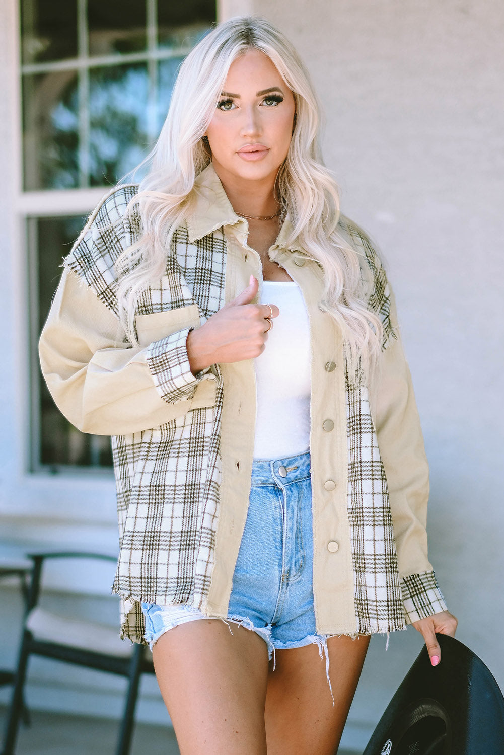 Honeybee Mumford's Khaki Distressed Raw Edge Plaid Patchwork Denim Jacket