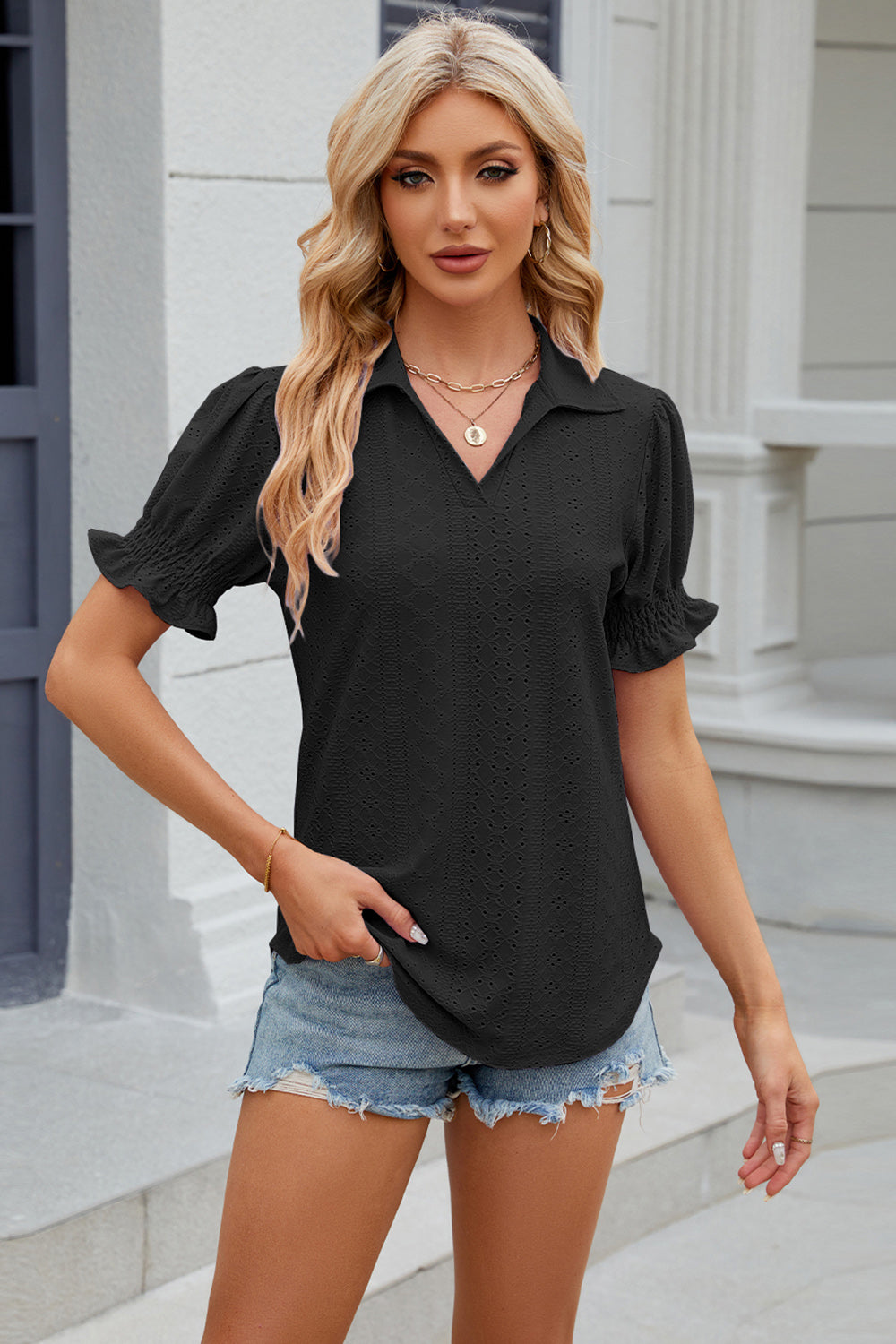 Honeybee Mumford's Eyelet Johnny Collar Short Sleeve Blouse