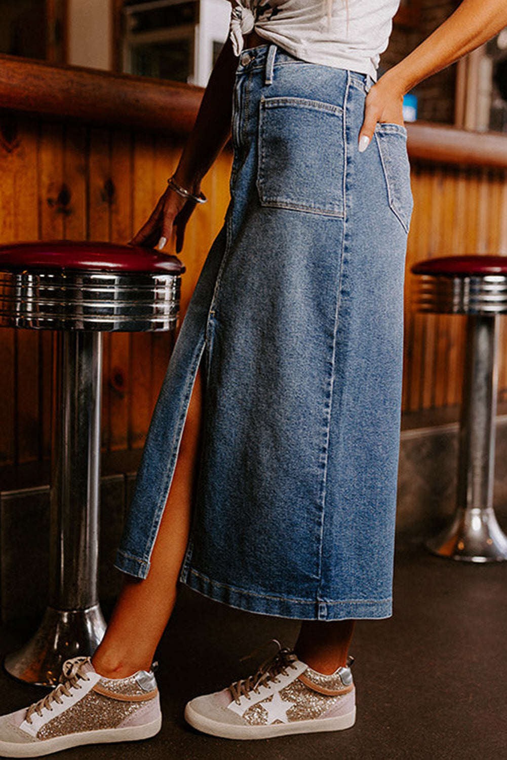 Honeybee Mumford's Sky Blue 4 Patch Pockets Front Slit Midi Denim Skirt