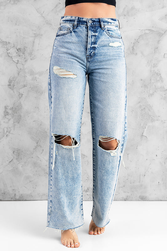 Honeybee Mumford's Sky Blue Distressed Hollow-out Knees Wide Leg Jeans