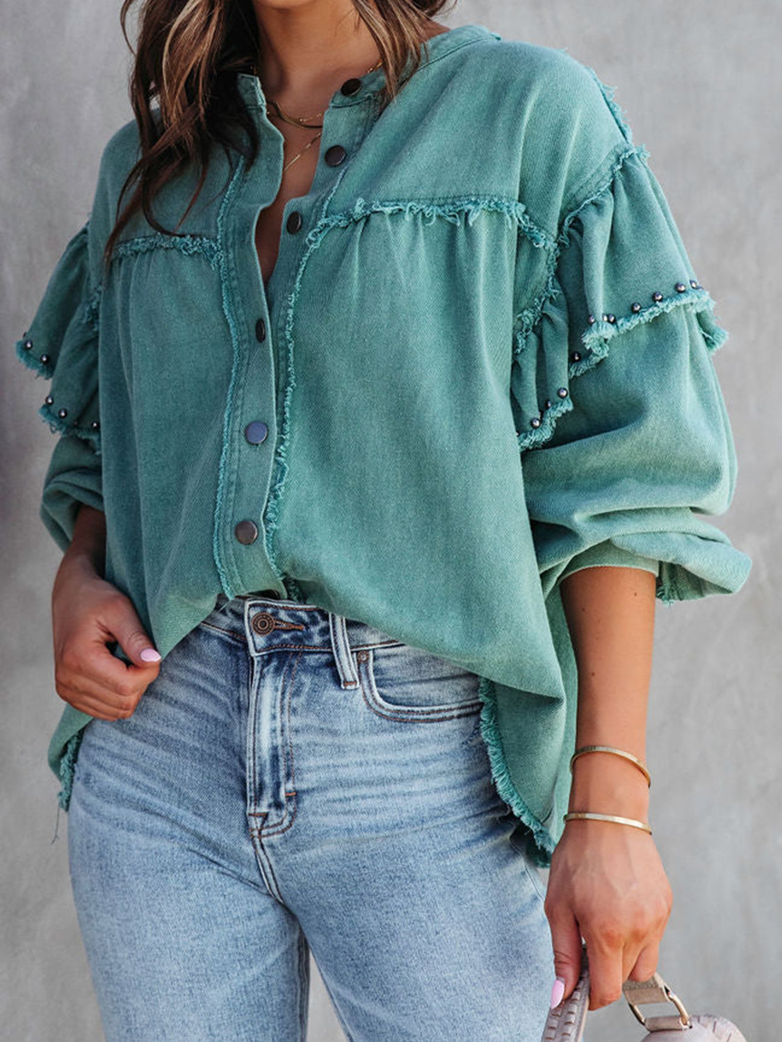 Honeybee Mumford's Button-Down Denim Jacket w/Raw Hem in Black & Turquoise