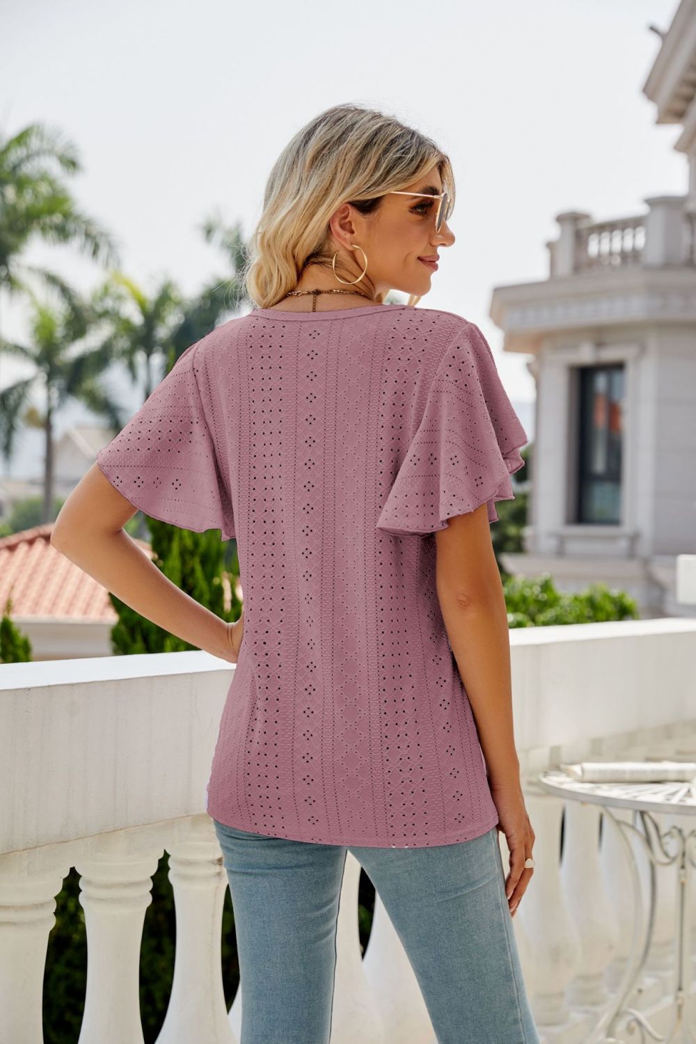 Honeybee Mumford's Eyelet Flutter Sleeve Round Neck Top