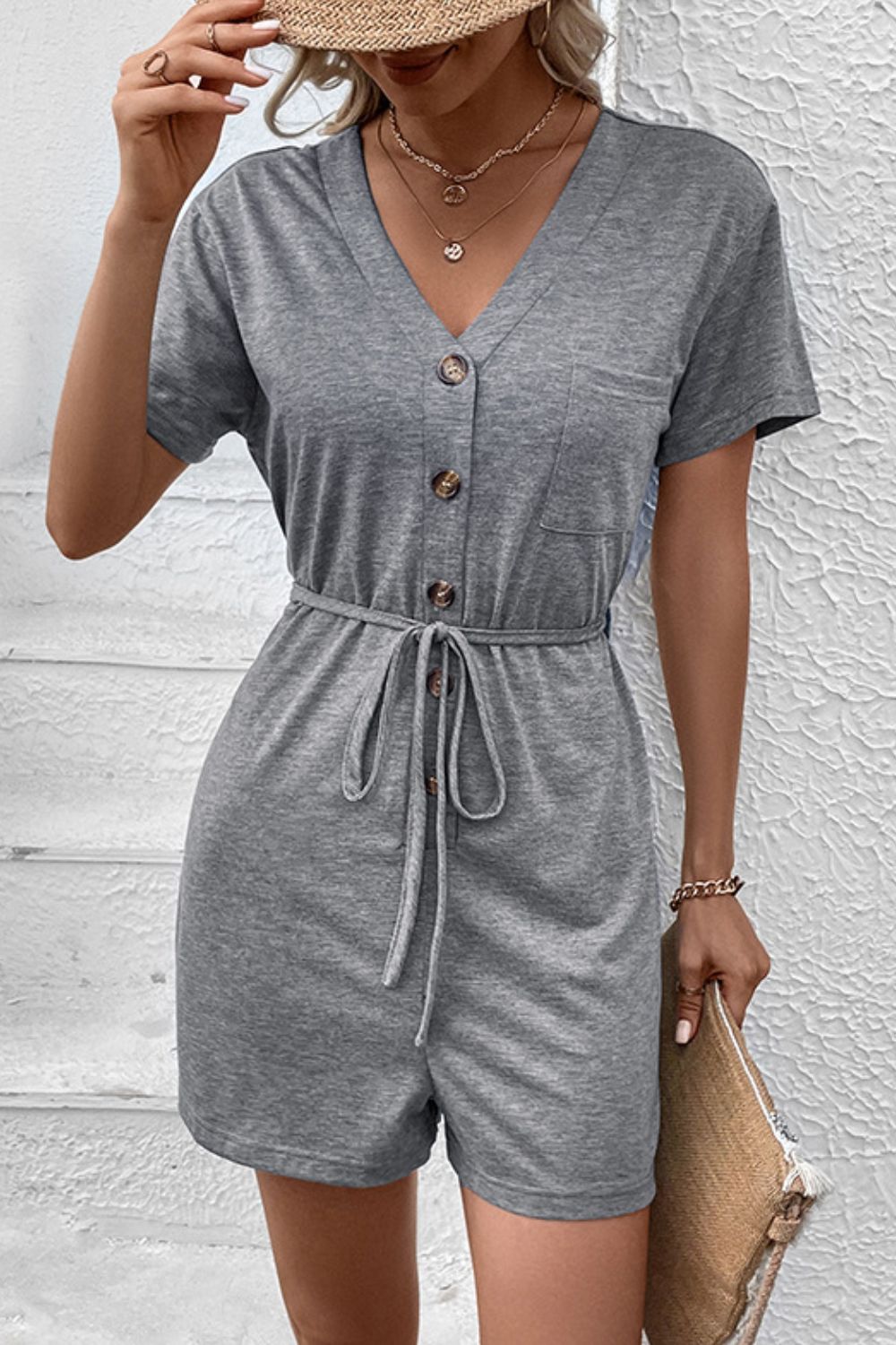 Honeybee Mumford's V-Neck Short Sleeve Tied Romper