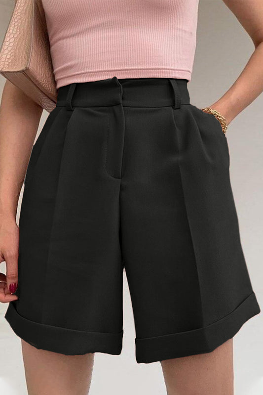 Honeybee Mumford's Black Casual Pocketed High Waist Bermuda Shorts