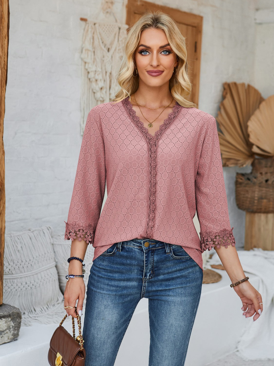 Honeybee Mumford's Lace Detail V-Neck Three-Quarter Sleeve Blouse