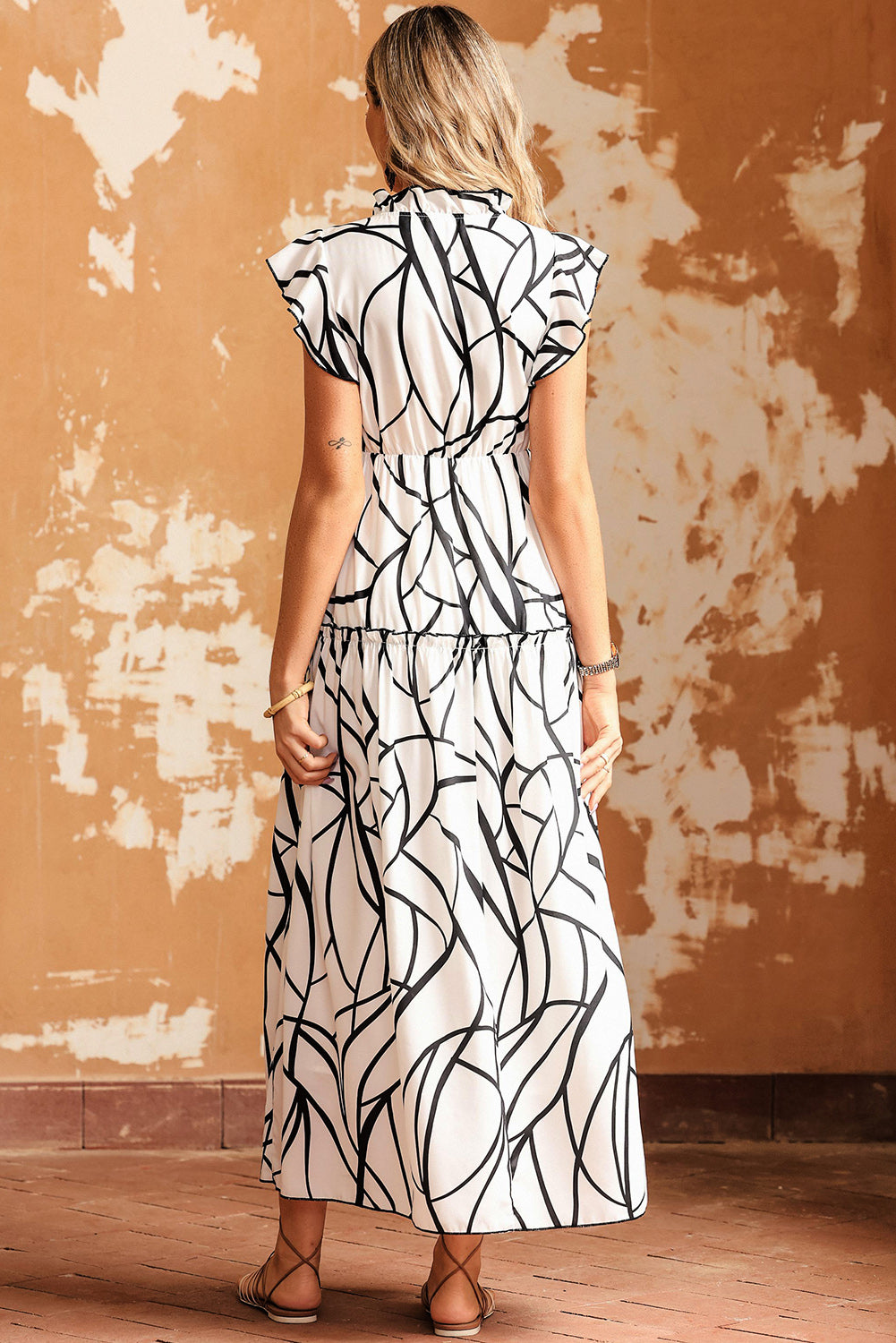 Honeybee Mumford's White Abstract Vein Print V Neck Ruffle Maxi Dress