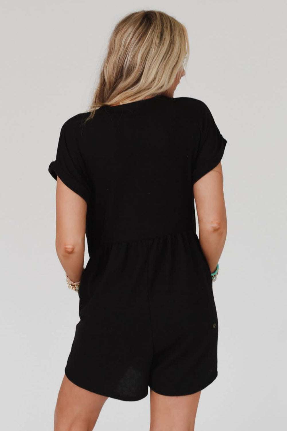 Honeybee Mumford's Black V Neck Buttons Loose Cuffed Short Sleeve Romper