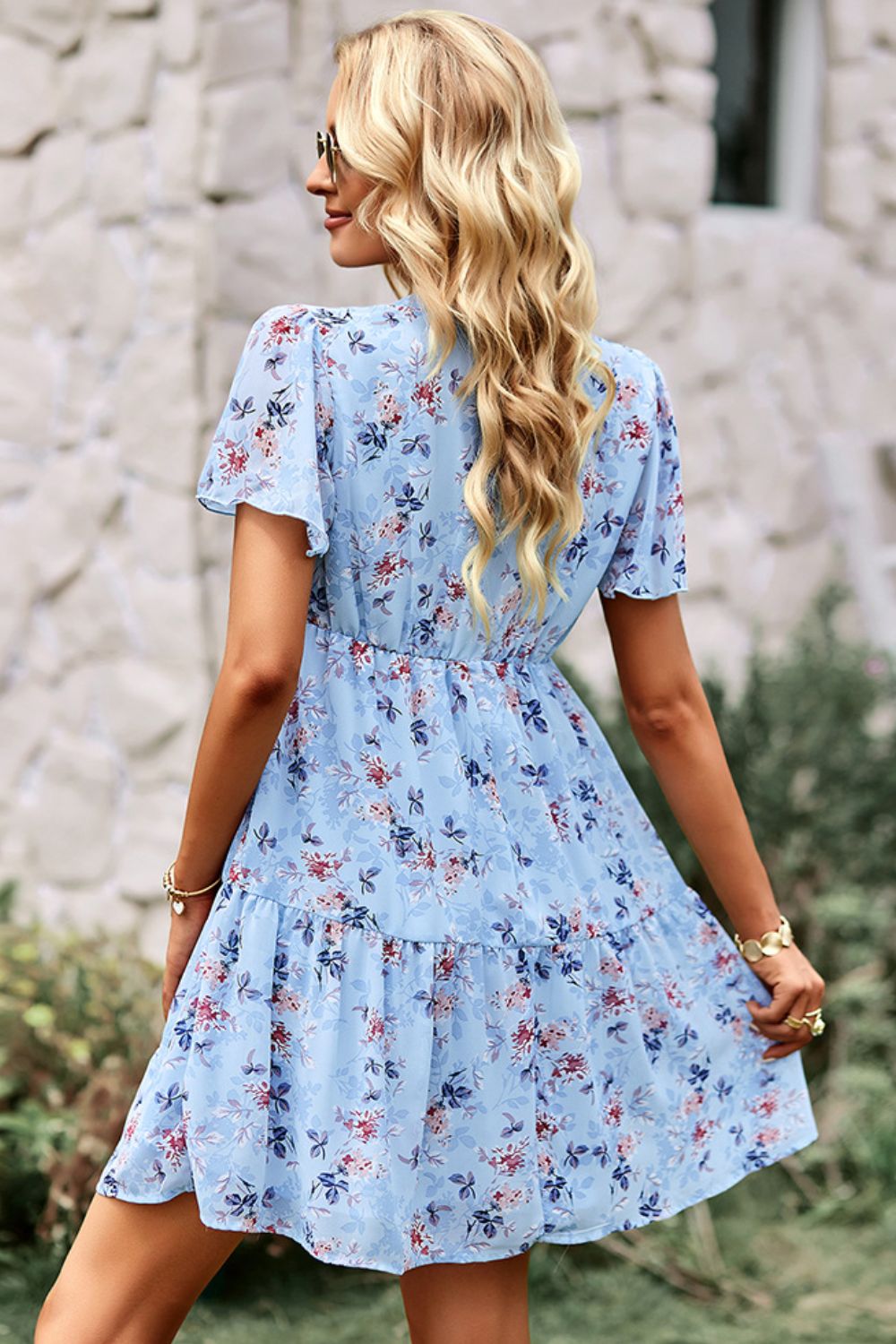 Honeybee Mumford's Floral Notched Flutter Sleeve Mini Dress