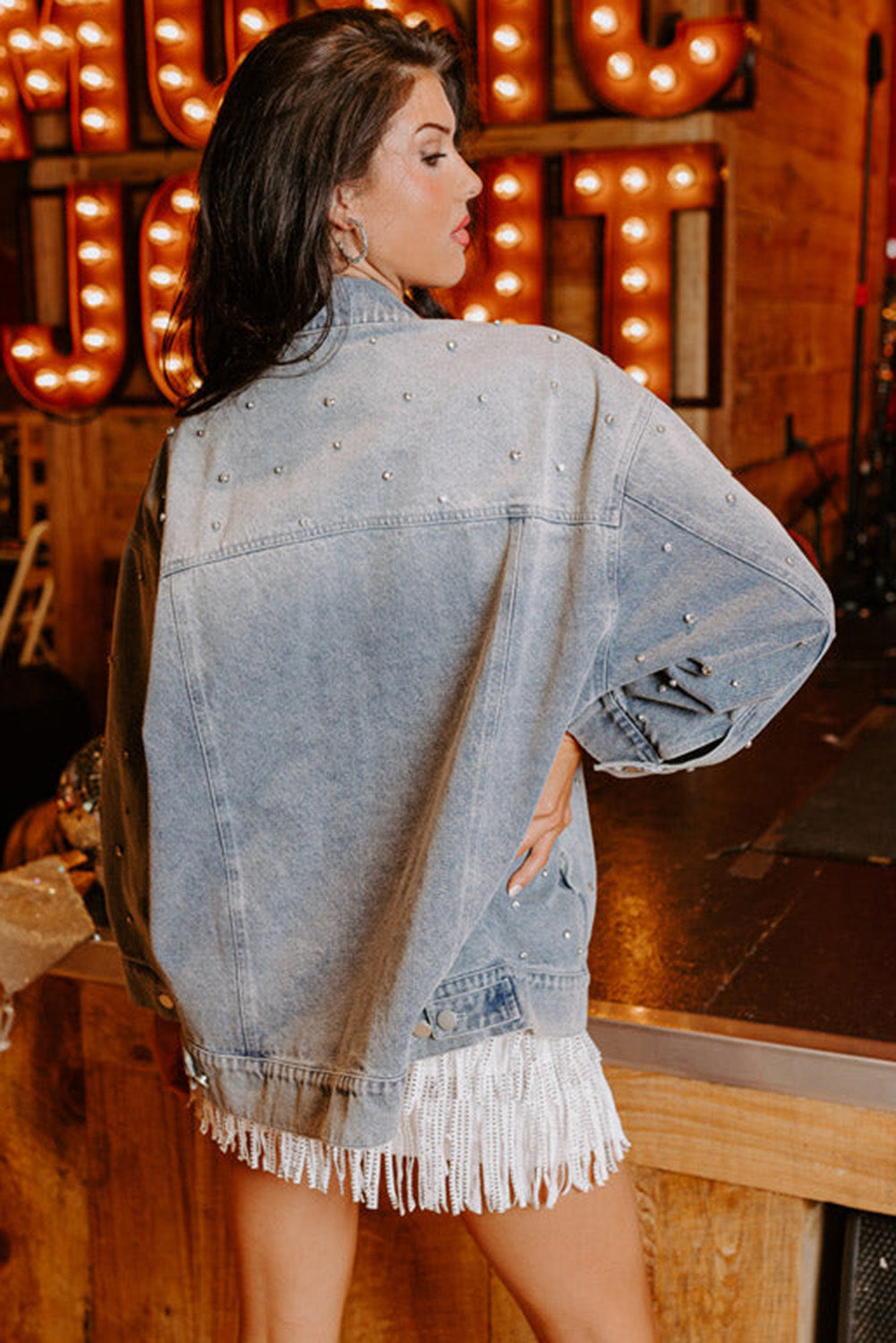 Honeybee Mumford's Dusk Blue Rhinestone Embellished Flap Pocket Denim Jacket