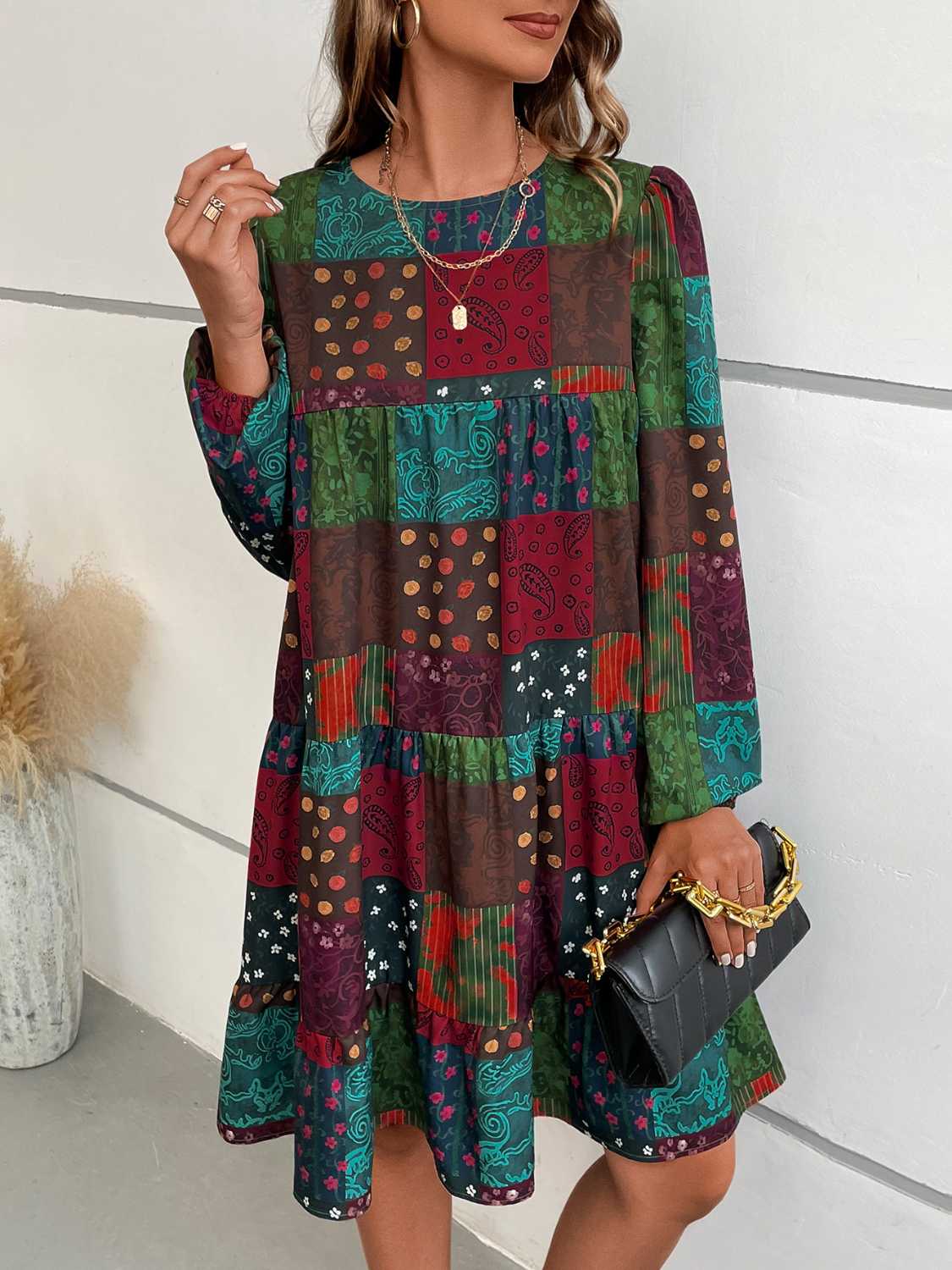 Honeybee Mumford's Patchwork Round Neck Long Sleeve Dress