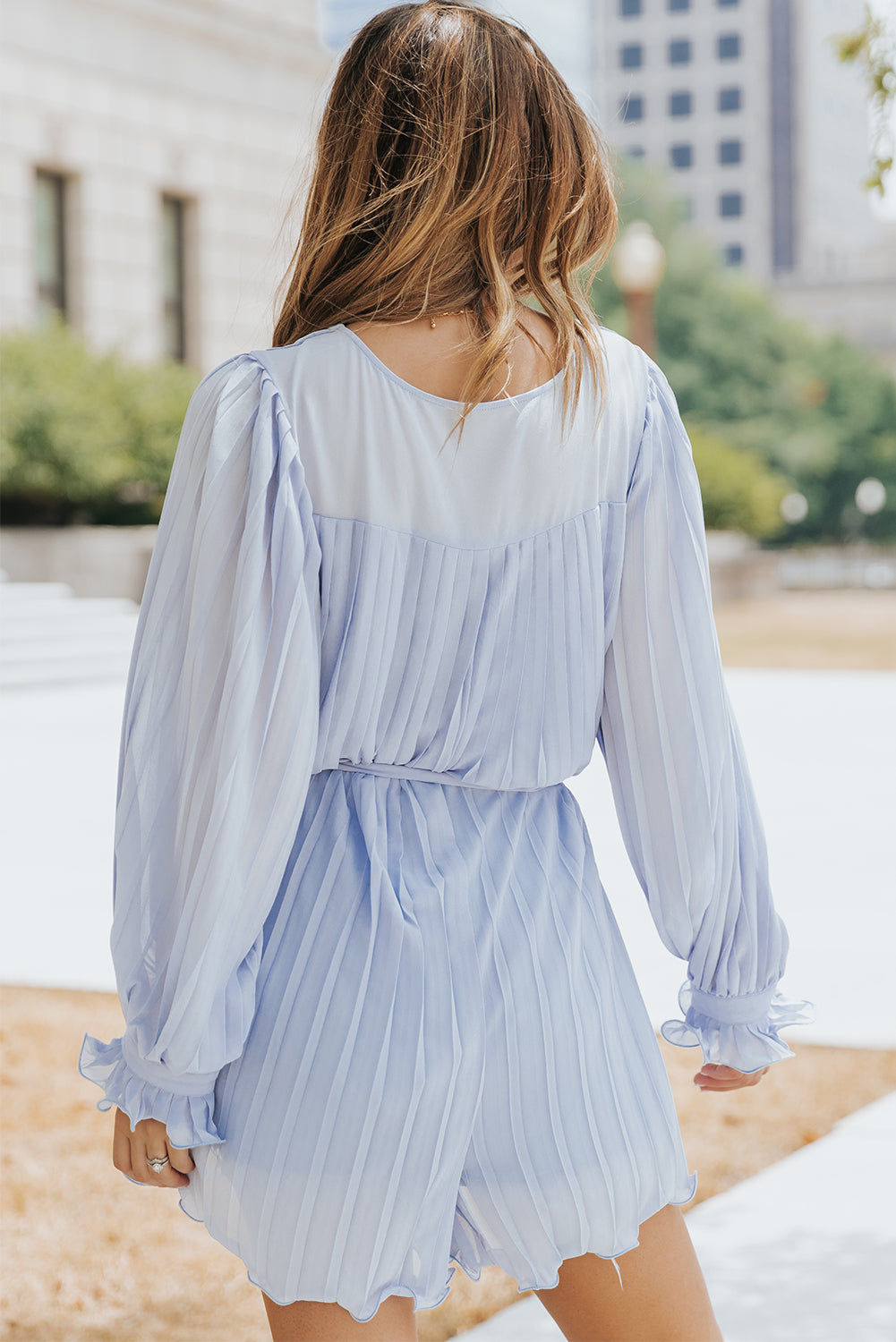 Honeybee Mumford's Sky Blue Pleated Ruffled Tie Waist Buttons V Neck Romper