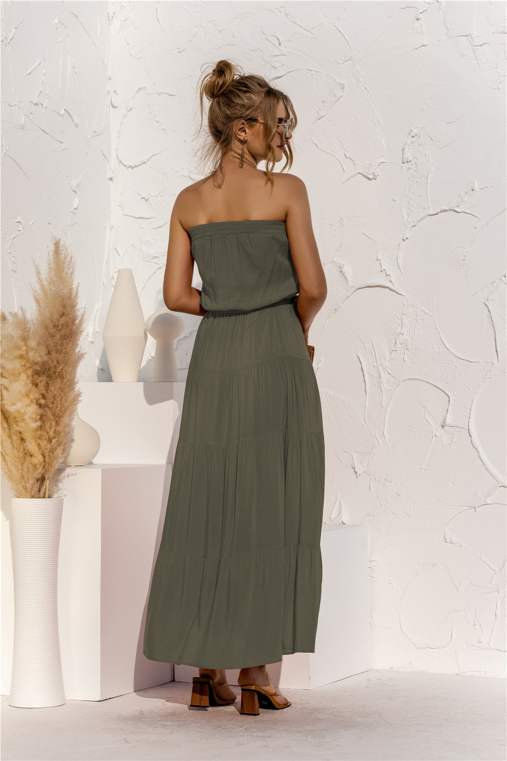 Honeybee Mumford's Strapless Tie Waist Tiered Maxi Dress