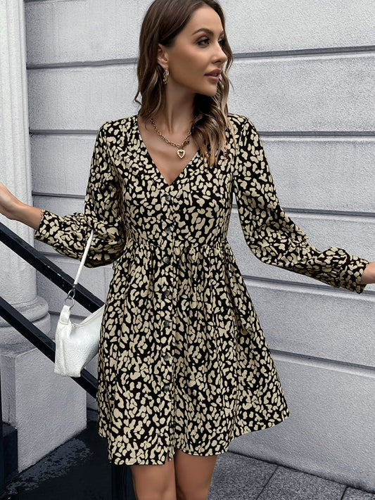 Honeybee Mumford's Animal Print Buttoned V-Neck Long Sleeve Dress