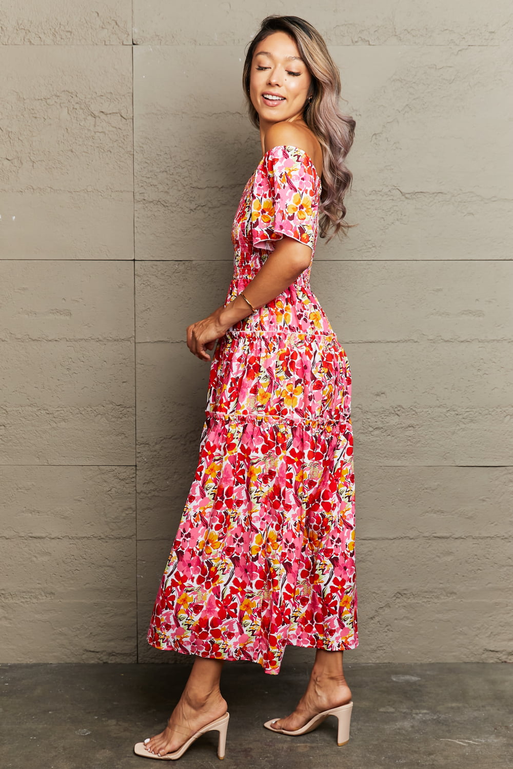 Honeybee Mumford's Floral Off-Shoulder Frill Trim Maxi Dress