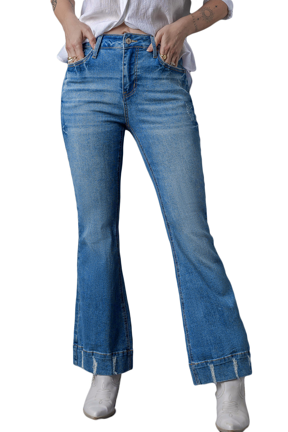 Honeybee Mumford's Sky Blue Slight Distressed Medium Wash Flare Jeans