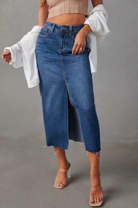 Honeybee Mumford's Slit Raw Hem Midi Denim Skirt