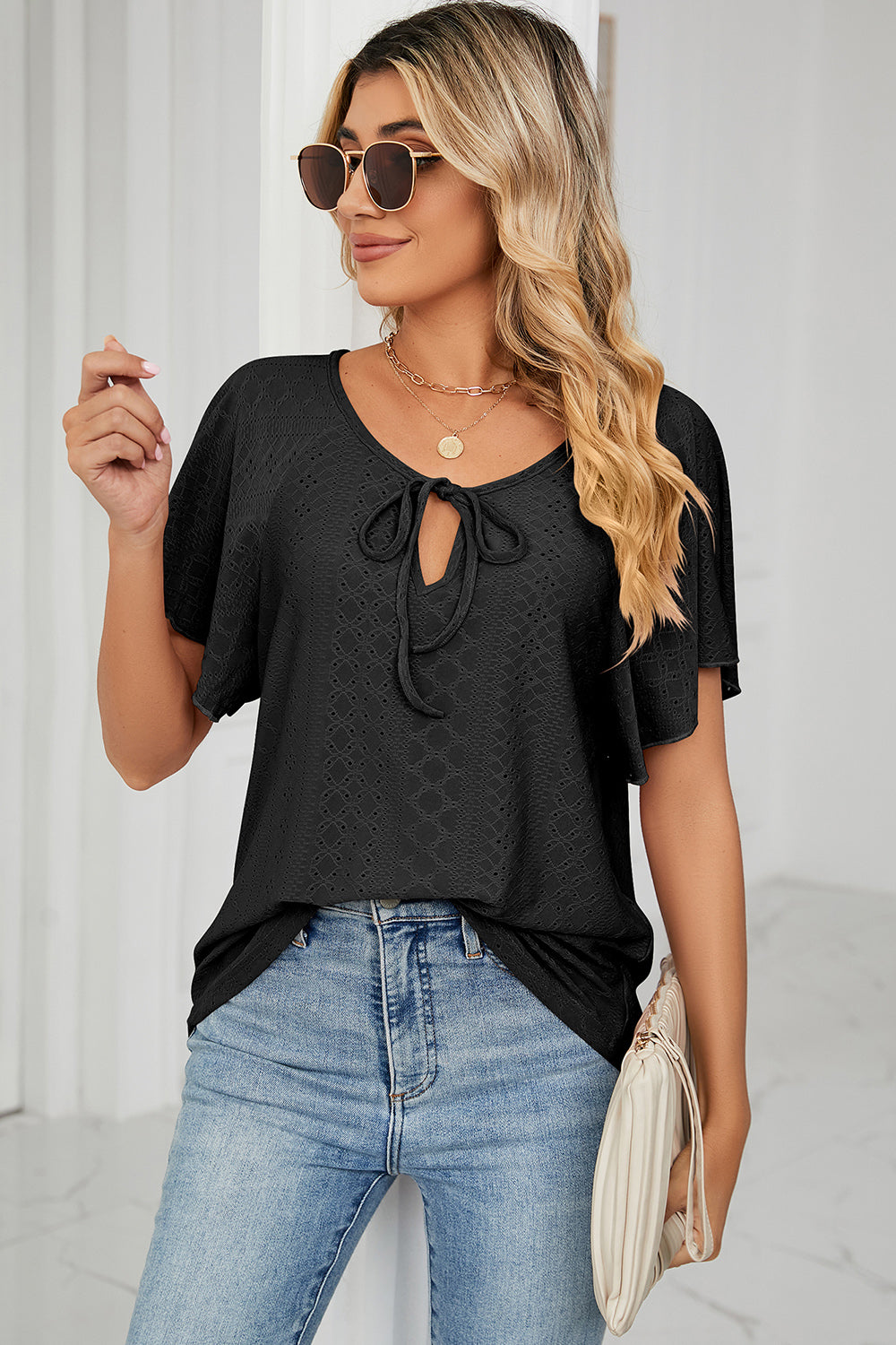 Honeybee Mumford's Eyelet Tie Neck Flutter Sleeve Blouse