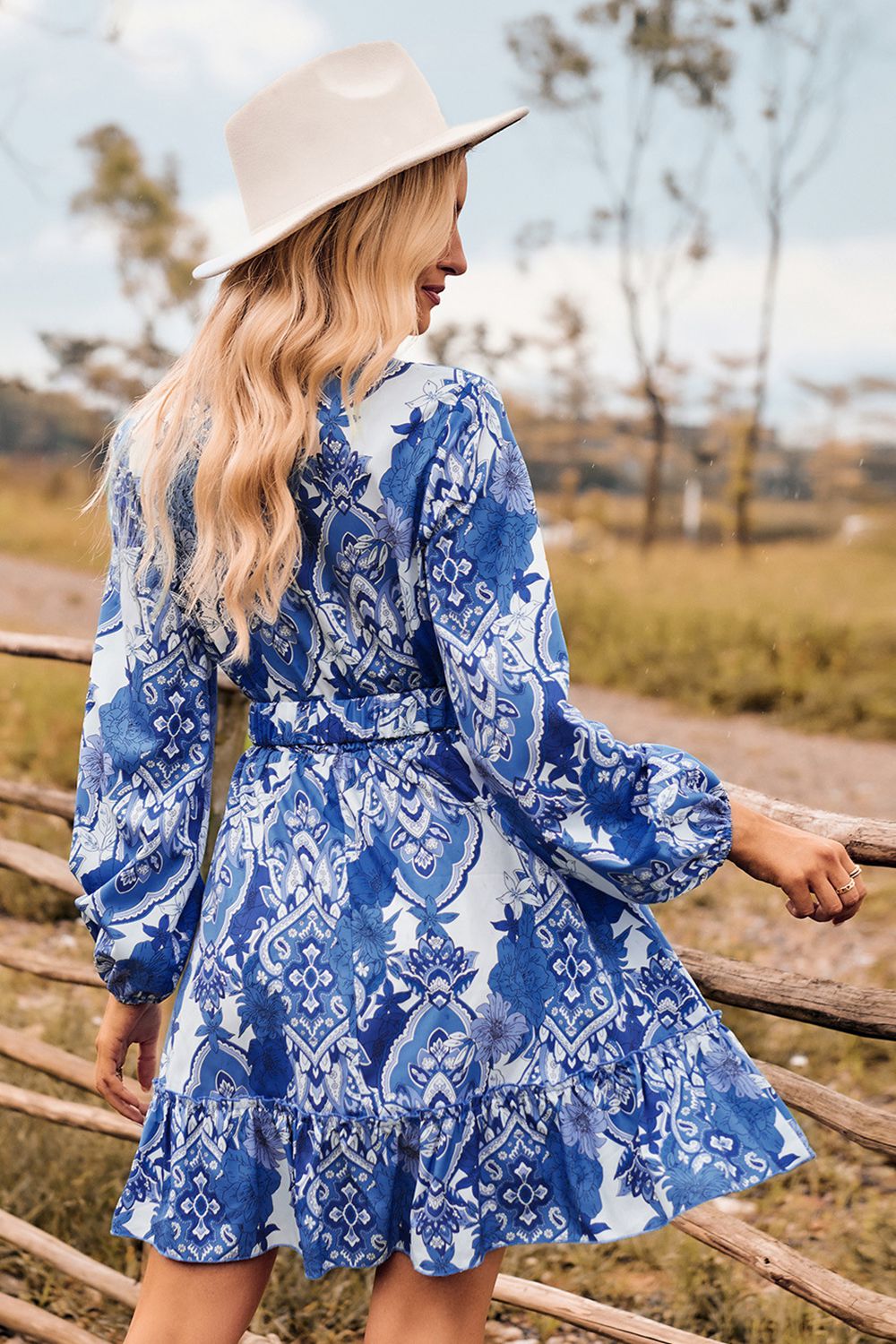 Honeybee Mumford's Printed Long Sleeve Dress w/ Surplice Neckline