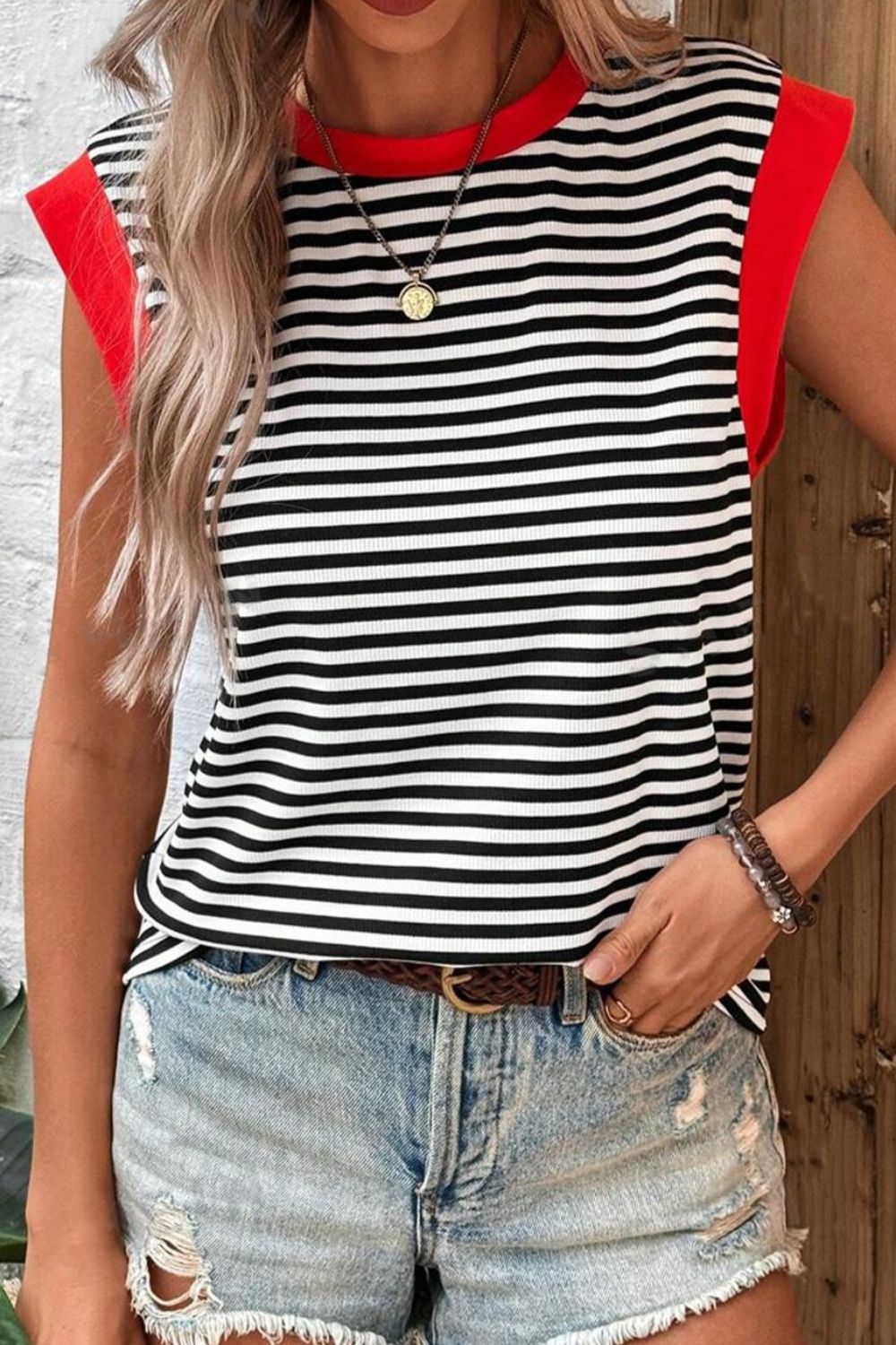 Honeybee Mumford's Striped Round Neck Cap Sleeve Top