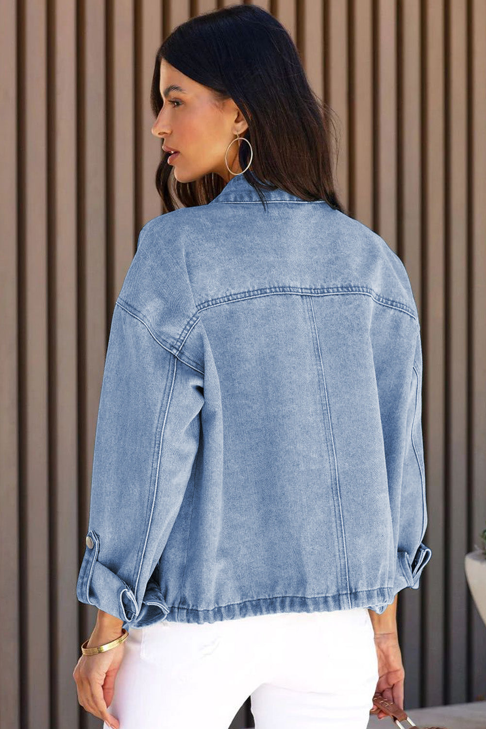 Honeybee Mumford's Sky Blue Roll-Up Tab Sleeve Button Down Pocket Denim Jacket