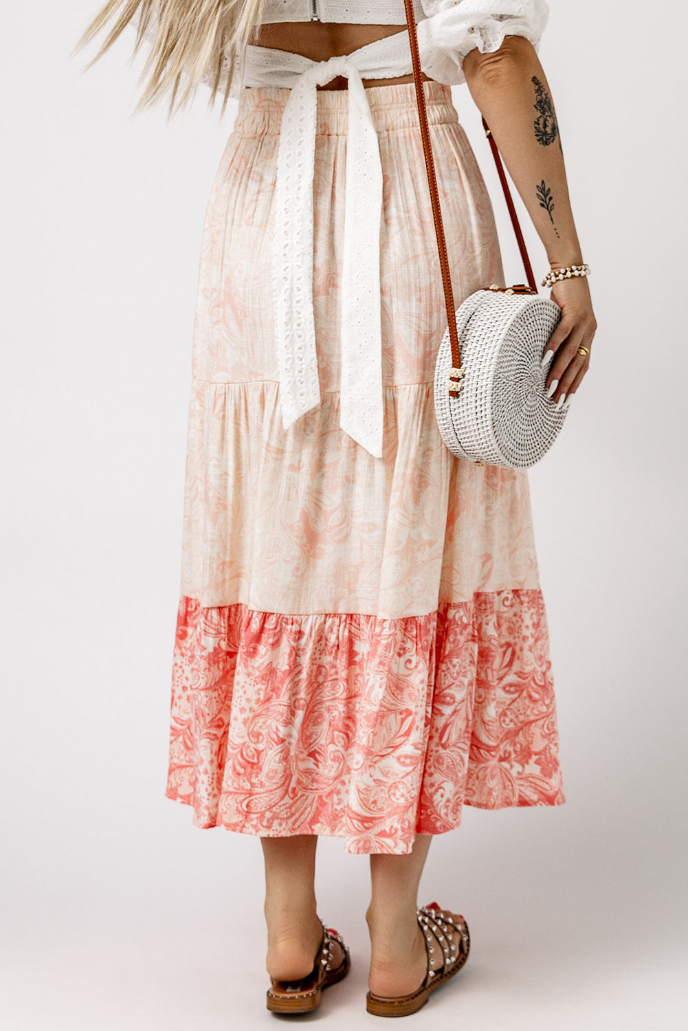 Honeybee Mumford's Pink Floral Print Ruffle Hem Tiered Maxi Skirt