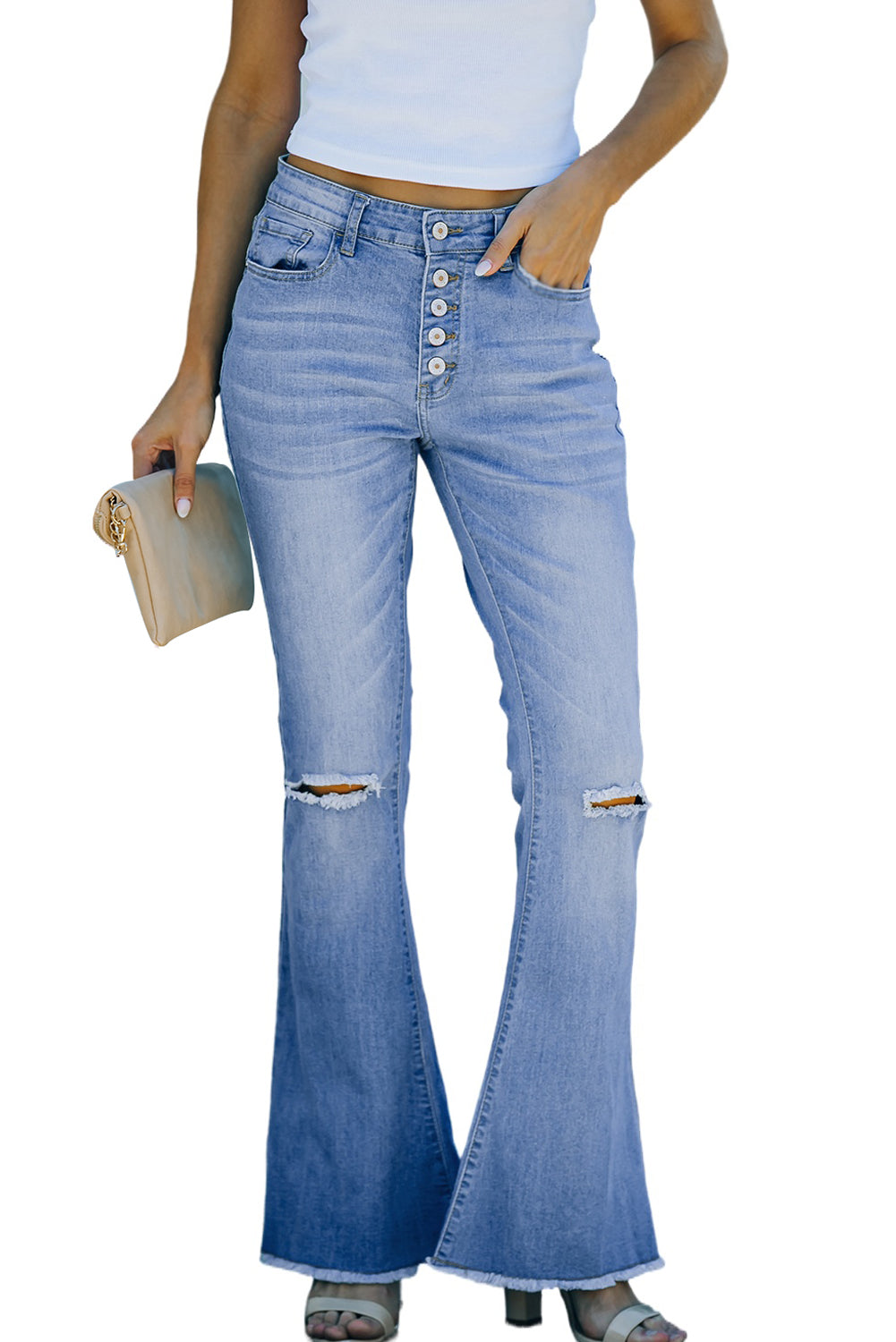 Honeybee Mumford's Sky Blue High Rise Distressed Bell Bottom Denims