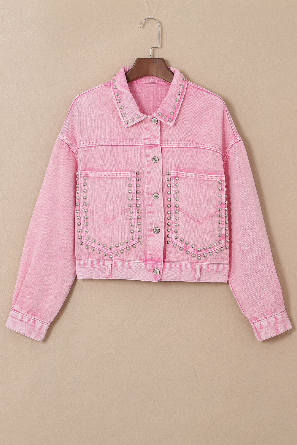 Honeybee Mumford's Pink Rivet Studded Pocketed Denim Jacket