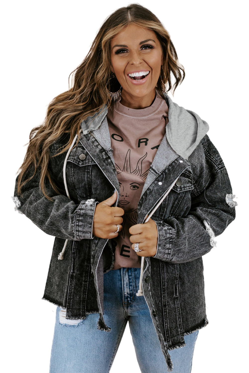 Honeybee Mumford's Black Drawstring Hooded Frayed Denim Jacket