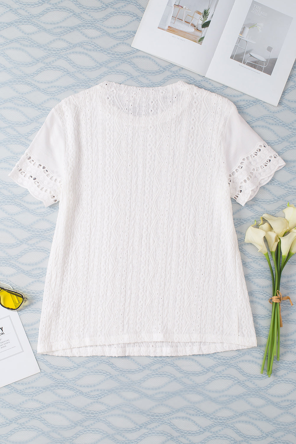 honeybee Mumford's White Eyelet Embroidery Scalloped Short Sleeve Top