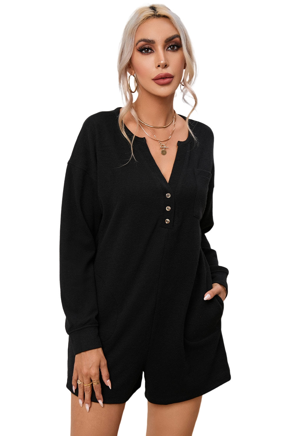 Honeybee Mumford's Black Brushed Ribbed Button Split V Neck Long Sleeve Romper