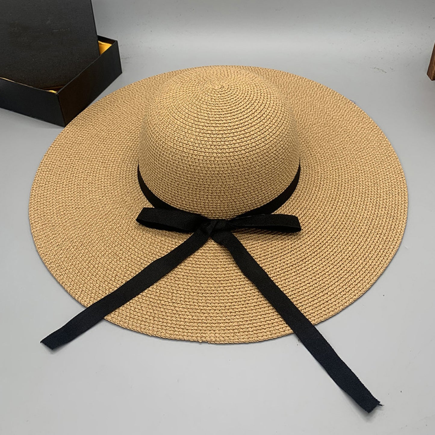 Honeybee Mumford's Paper Braided Wide Brim Hat w/ black Bow in Ivory, Navy, Black, Tan