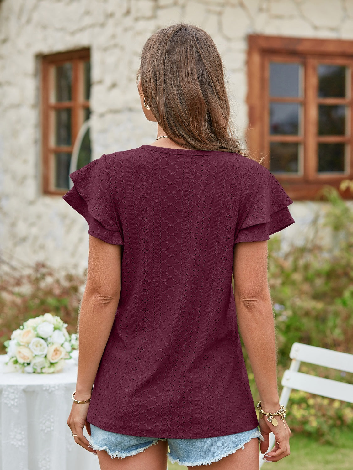 Honeybee Mumford's Eyelet V-Neck Short Sleeve Blouse