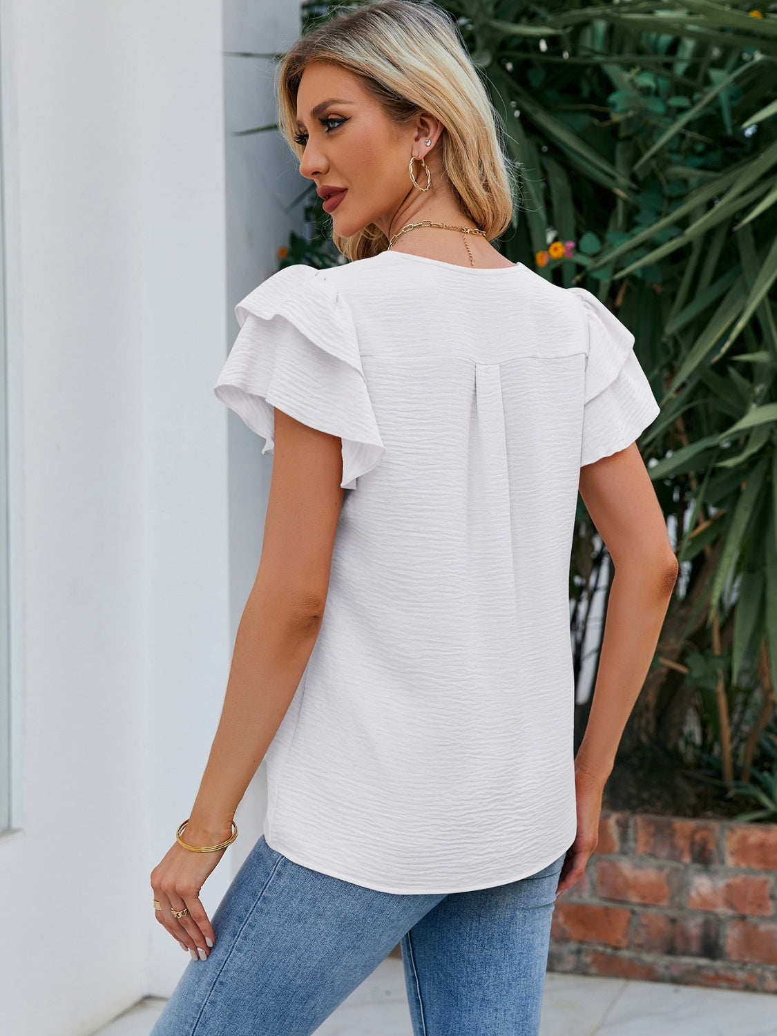 Honeybee Mumford's V-Neck Flounce Sleeve Blouse