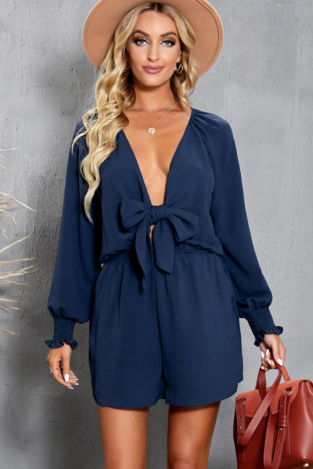 Honeybee Mumford's Navy Tie Knot Puff Long Sleeve Romper