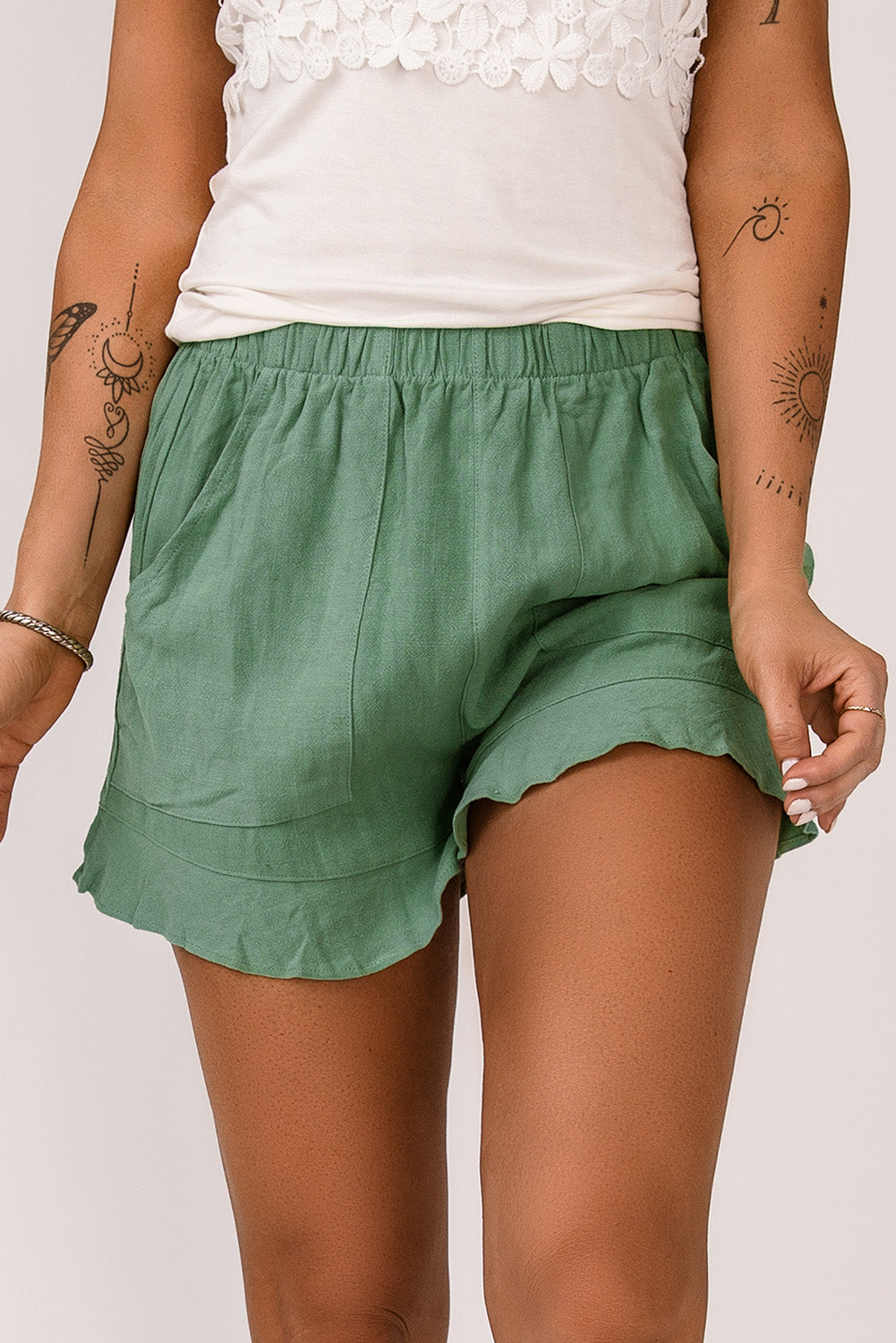 Honeybee Mumford's Green High Waist Pocketed Ruffle Shorts