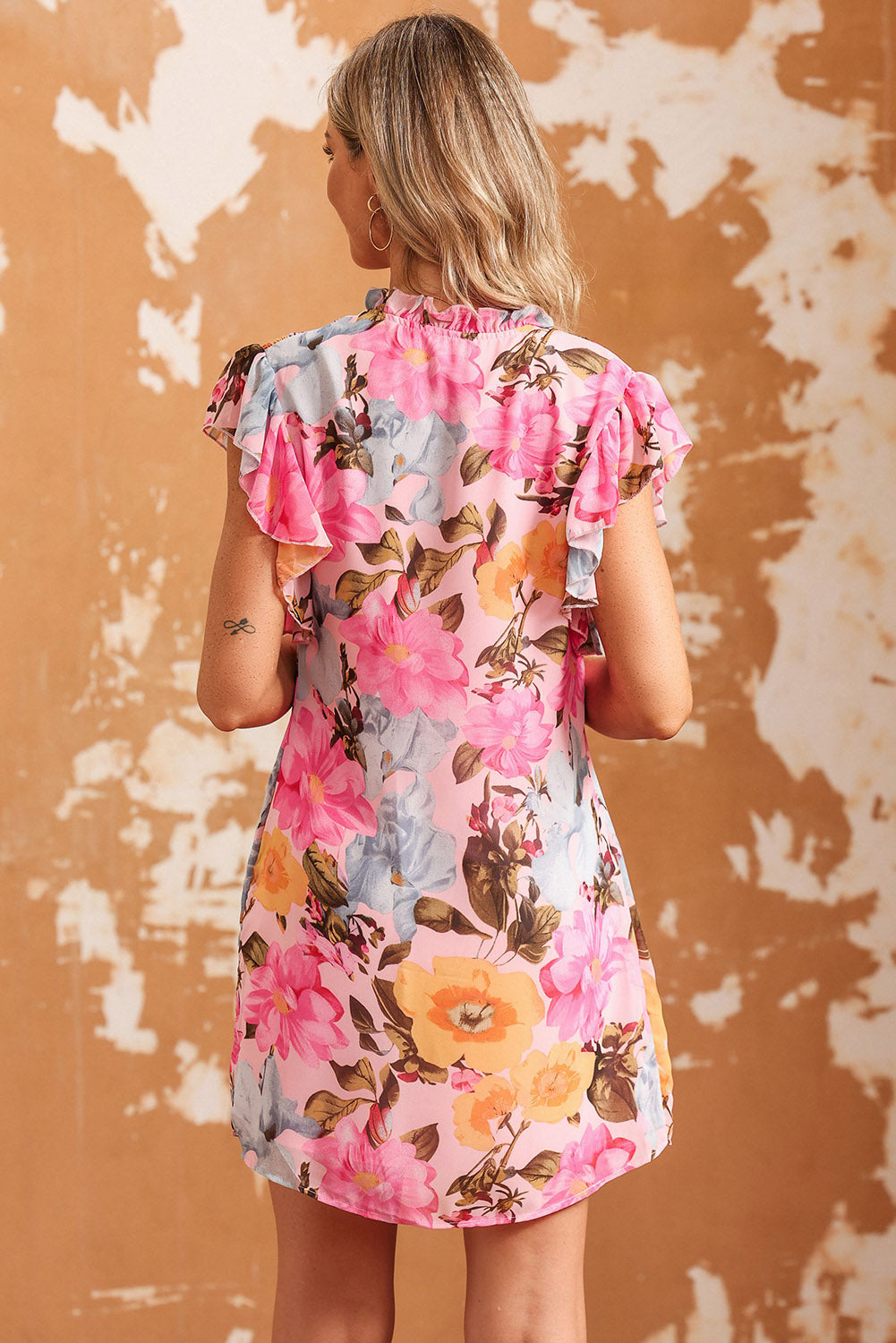 Honeybee Mumford's Floral Tie Neck Flutter Sleeve Dress