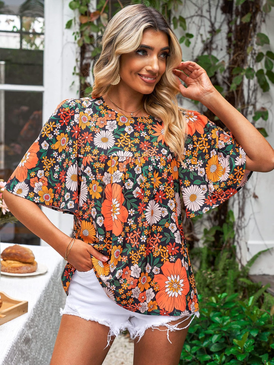 Honeybee Mumford's Printed Round Neck Half Sleeve Blouse