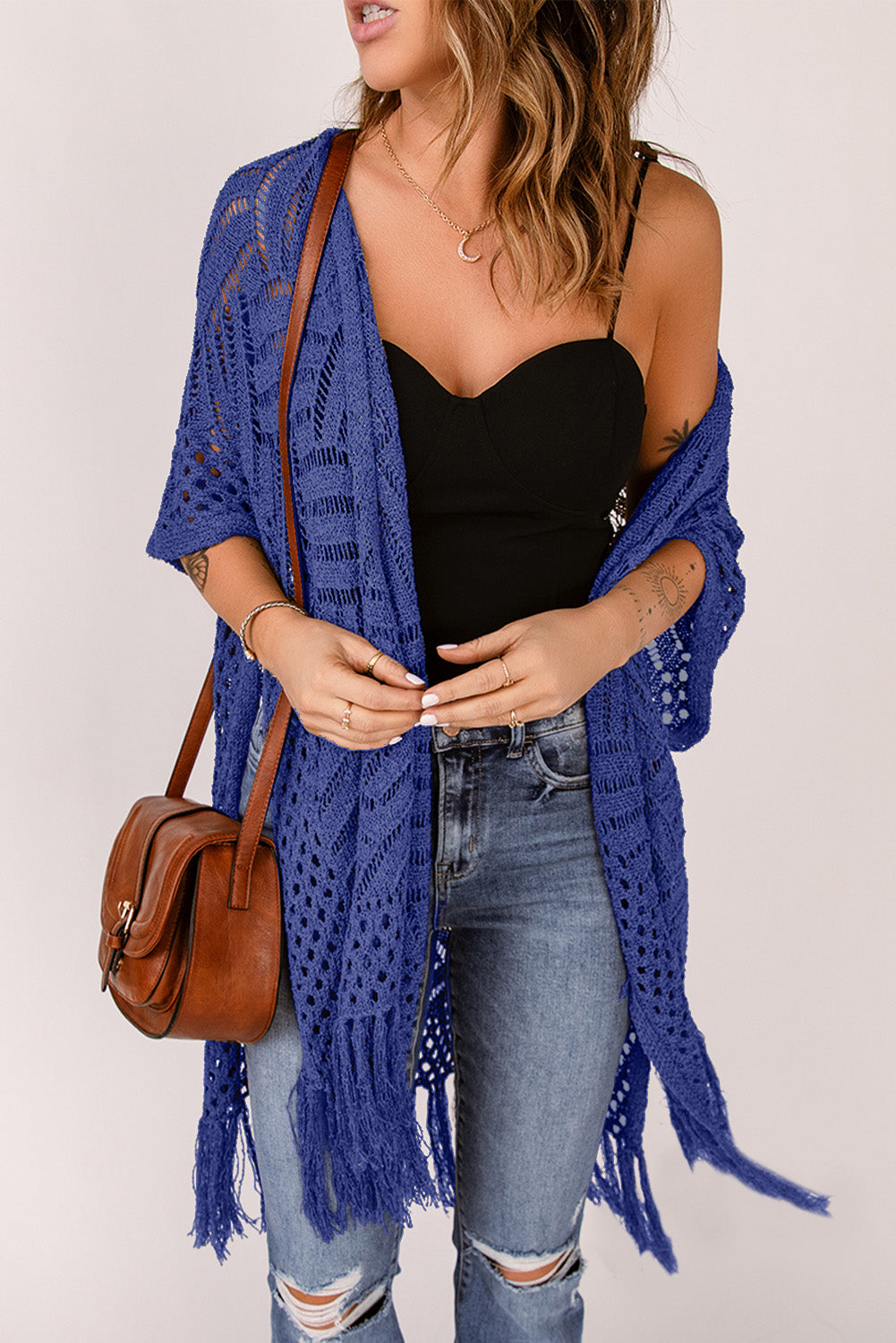 Honeybee Mumford's Openwork Open Front Cardigan with Fringes