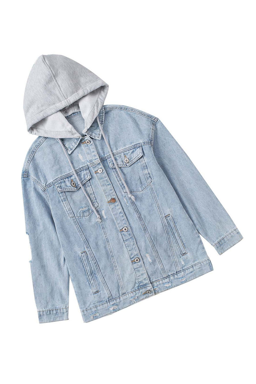 Honeybee Mumford's Sky Blue Button Closure Ripped Hooded Denim Jacket